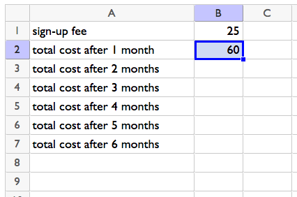 Spreadsheet with rows 1 to 7 and columns A and B. Rows in column A contain sign-up fee, total cost after 1 month, total cost after 2 months, and so on until 6 months. B1 contains 25. B2 contains 60.