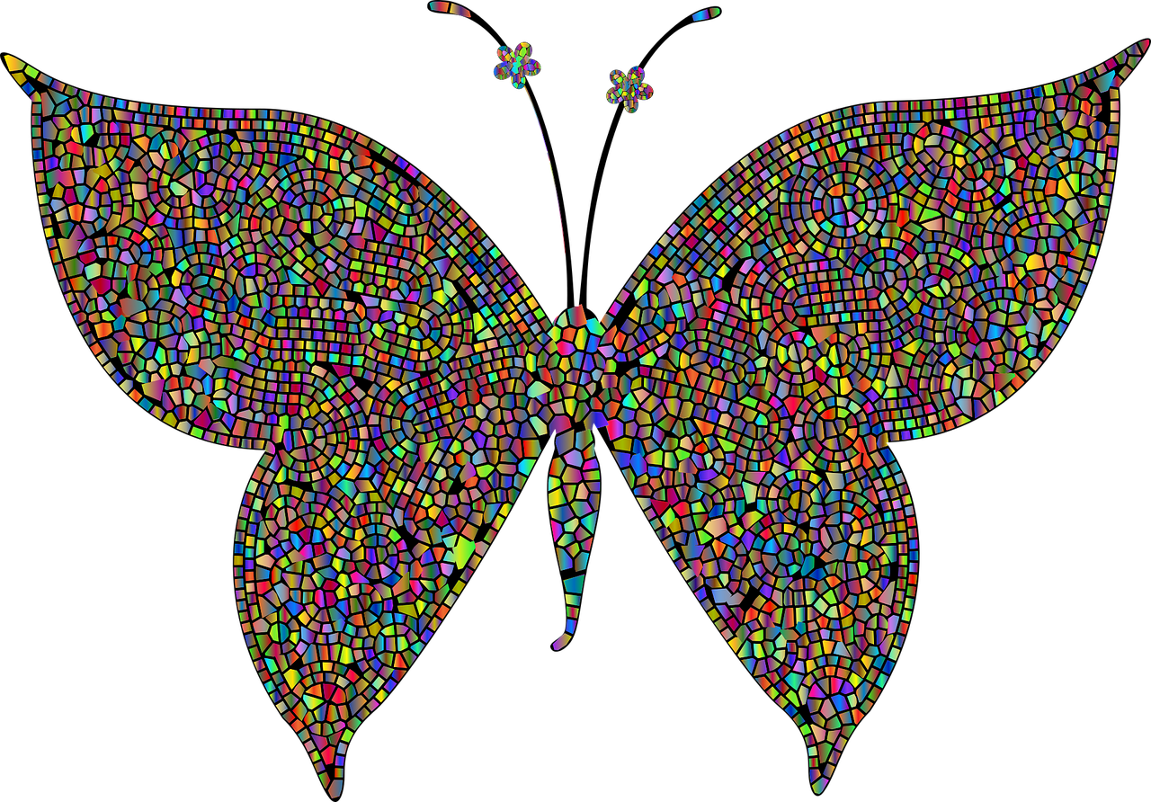 Image of butterfly, made of many small, different colored shapes.
