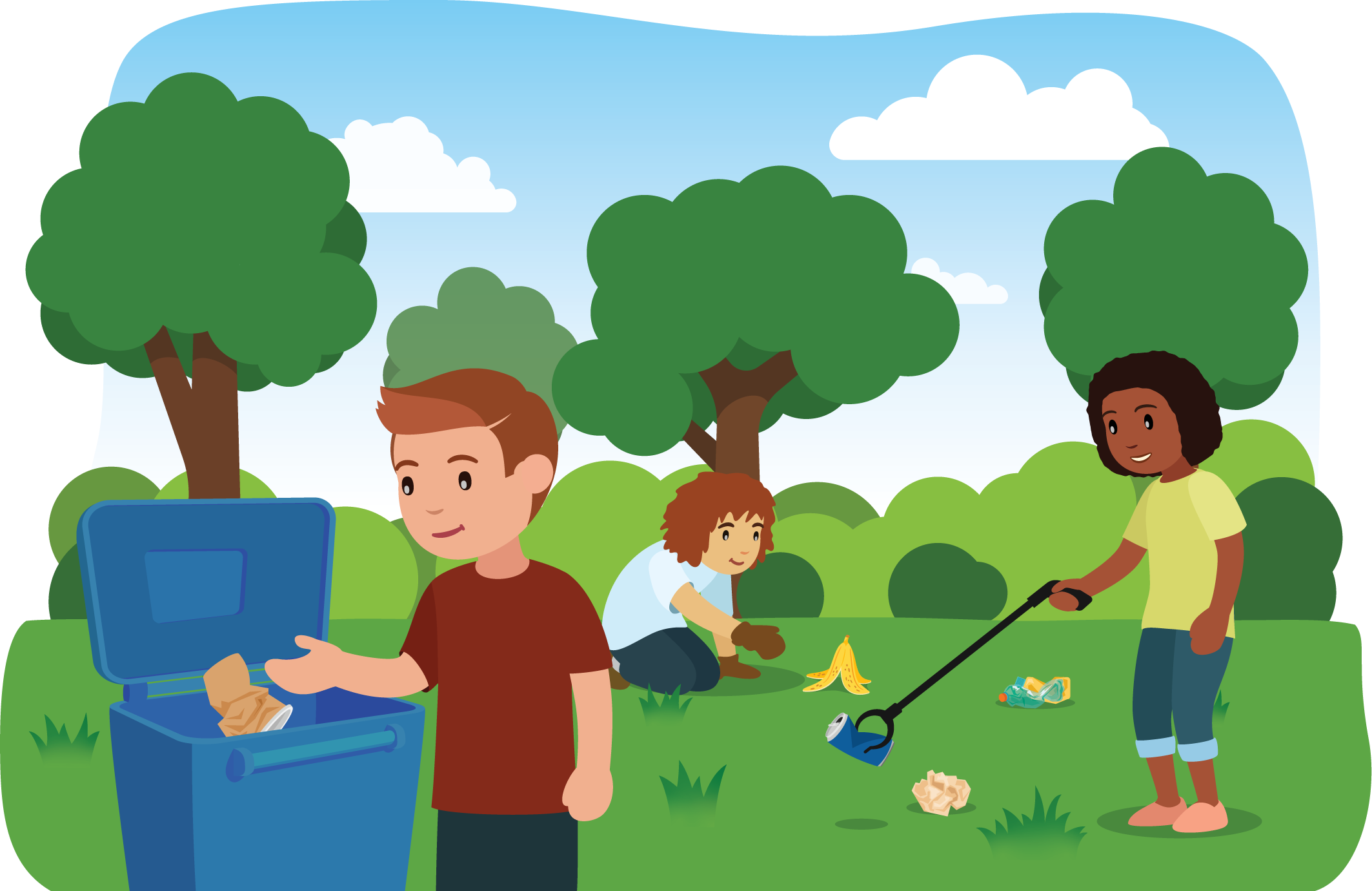 Kids picking up litter in a park.