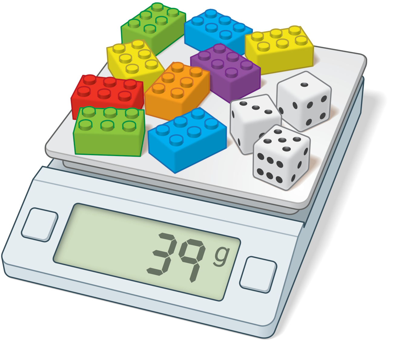 Picture of 9 plastic building blocks and 3 number cubes on a scale, weight 39 grams.