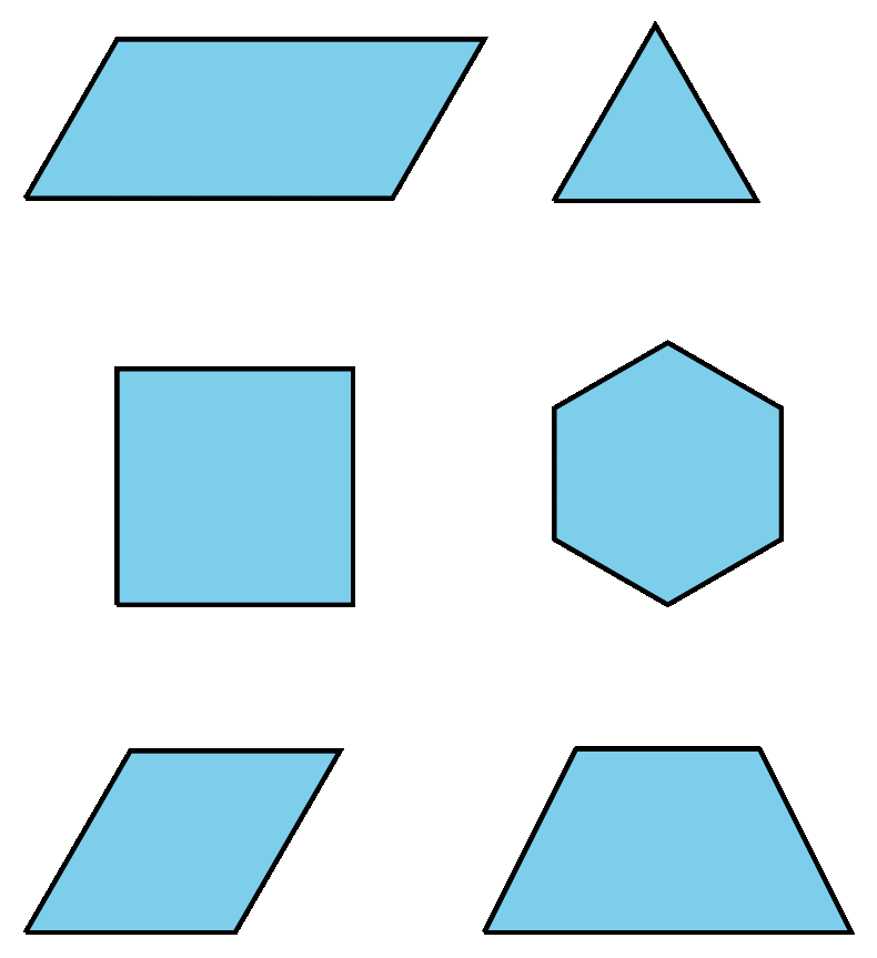 Six polygons. A parallelogram, an equilateral triangle, a square, a hexagon, a rhombus, and a trapezoid.