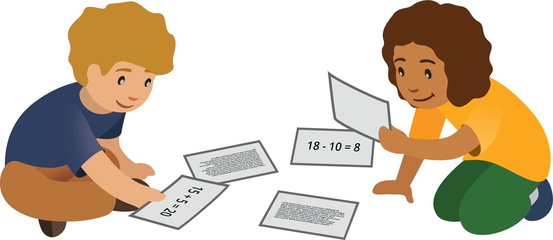 Students with equations on cards.