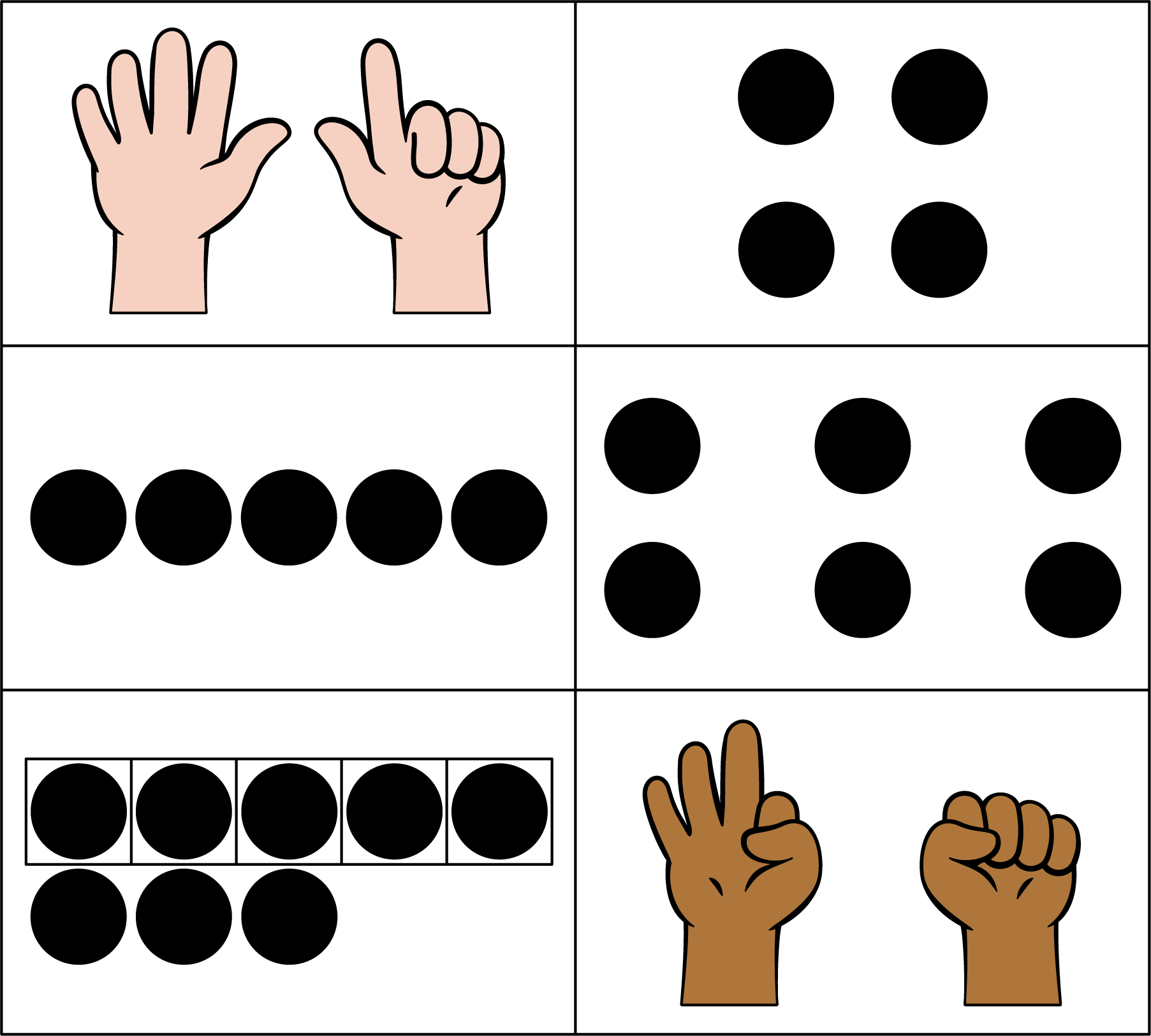 Fingers showing numbers, 5 and 2. Dots, 4 Dots, 5. Dots, 3 groups of 2. 5 frame filled, 3 counters below. Fingers showing number 3.