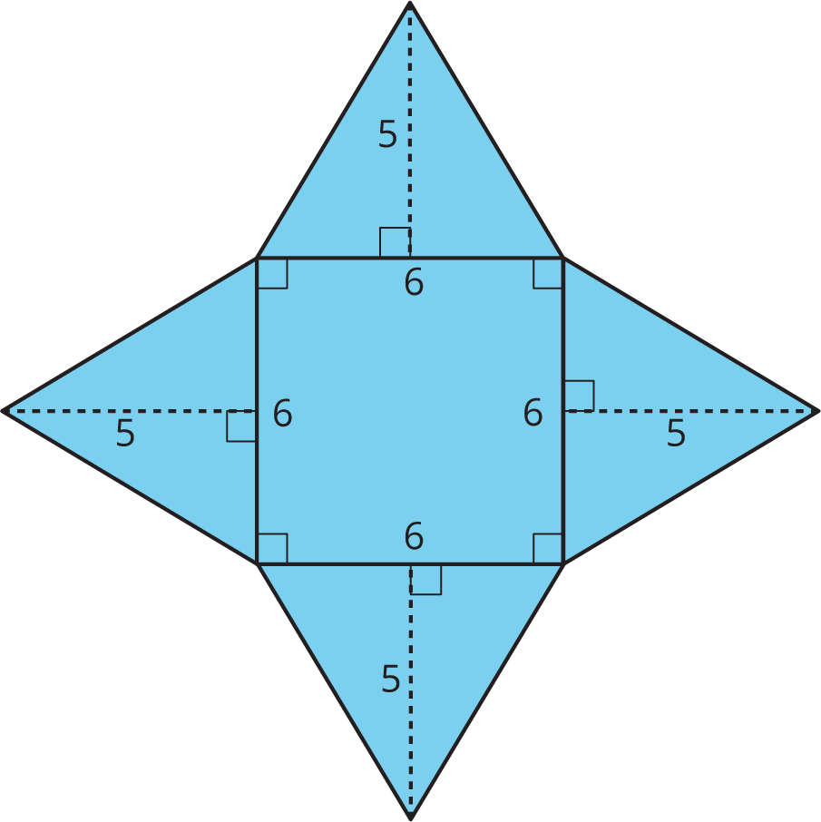 A net with a square of side length 6 surrounded by triangles of height 5.