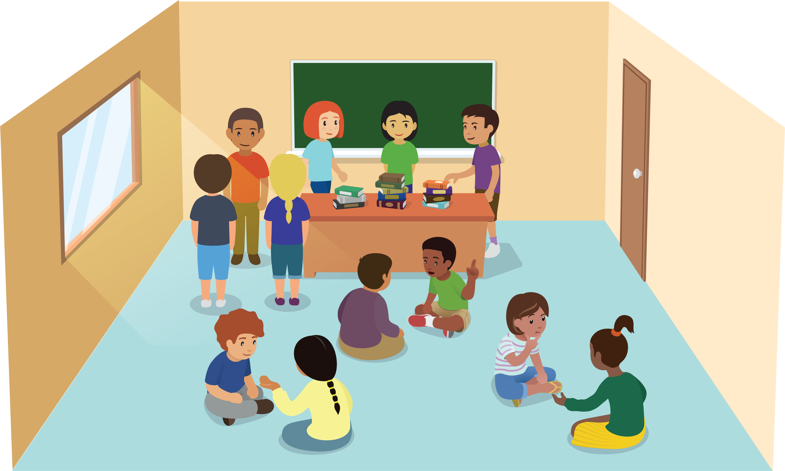 Classroom with students standing and sitting.