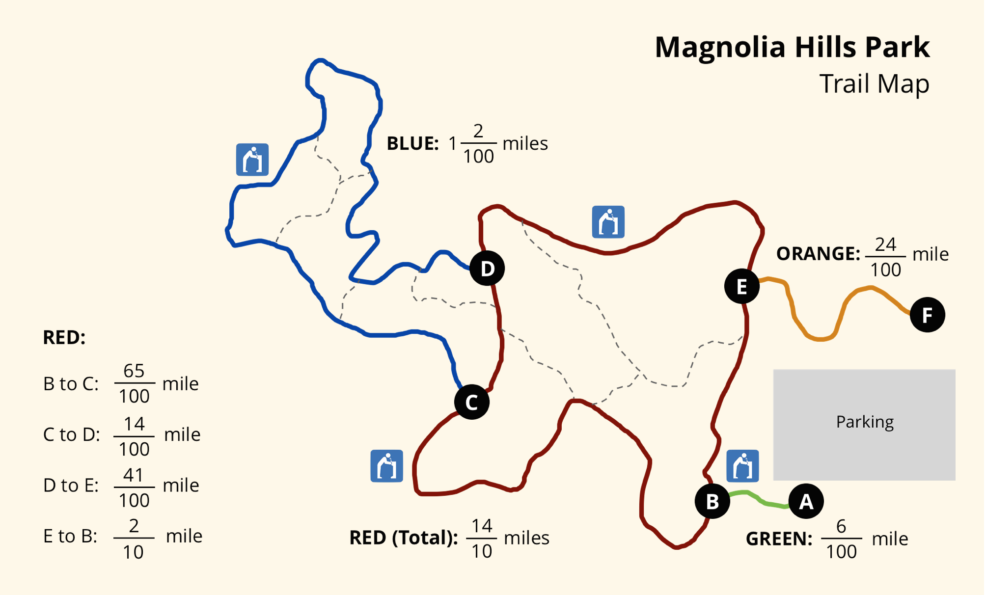 Map. Magnolia Hills Park, Trail Map. Red, Blue, Orange, Green Trails.