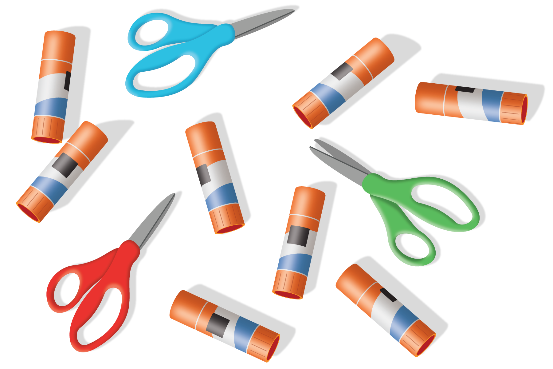 8 glue sticks. 3 scissors.