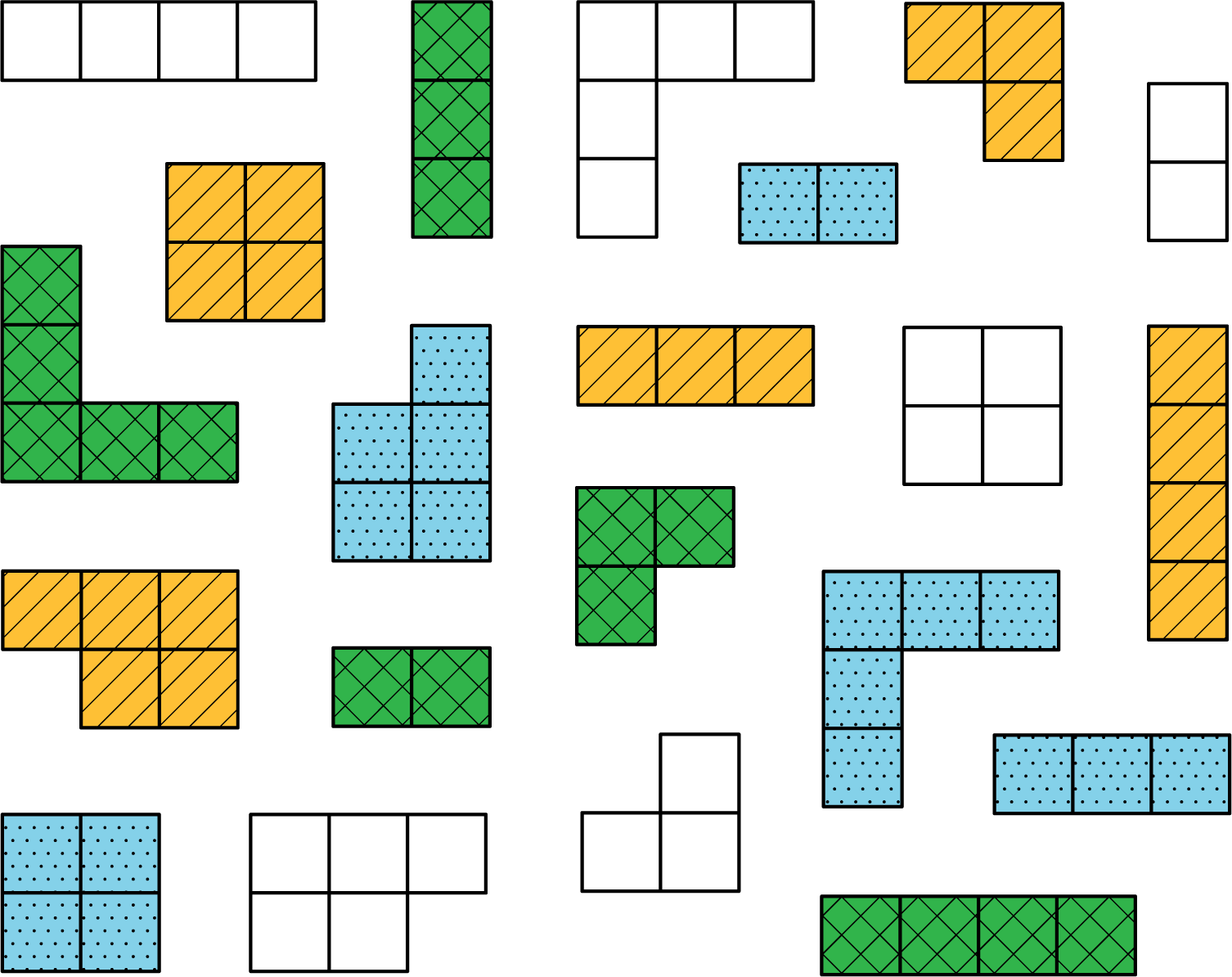 A collection of shapes that are each made up of squares. Each shape is one of four colors: white, blue, green, and yellow. Please ask for additional help.