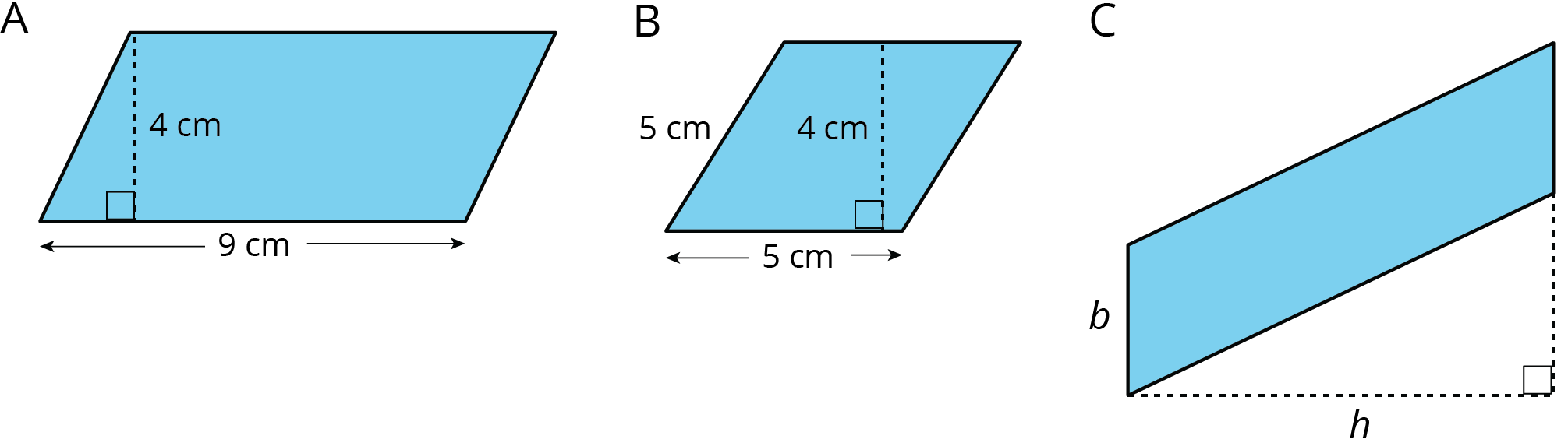 3 parallelograms labeled A, B, C.