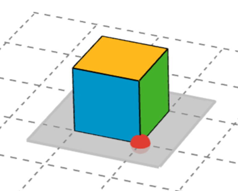 A snap cube sits on a grid, with a red point on one corner.