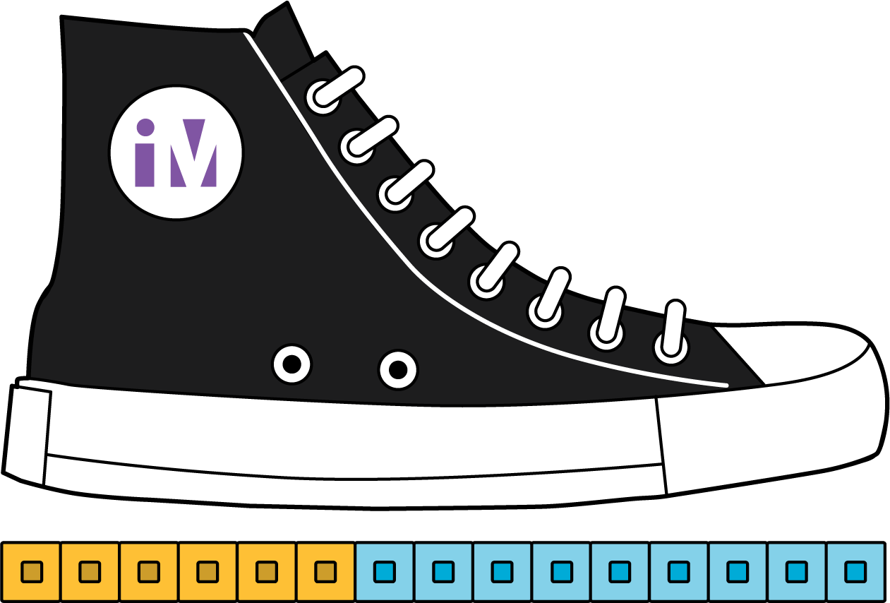 Shoe. Underneath from toe to heel, 15 connecting cubes all the same size in a tower.