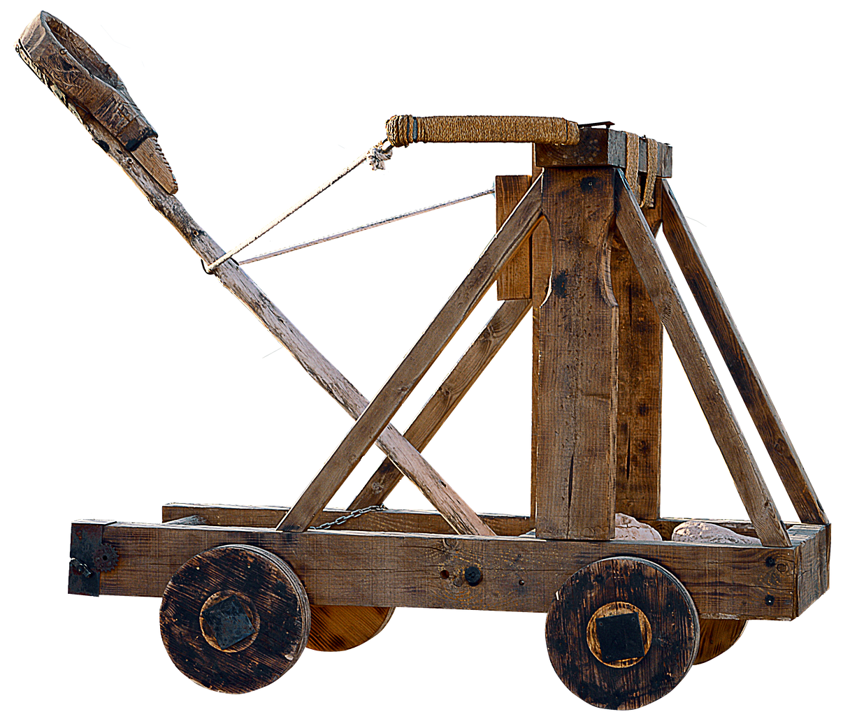 a photo of a wooden catapult on wheels