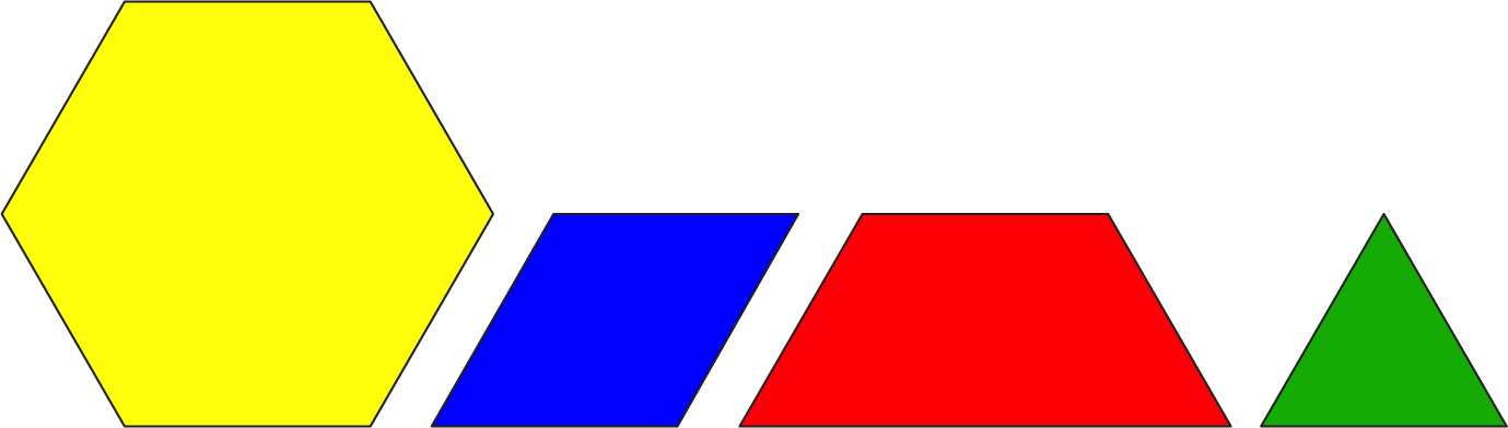Four pattern blocks: One large yellow hexagon, one blue rhombus, one red trapezoid, and one green triangle.