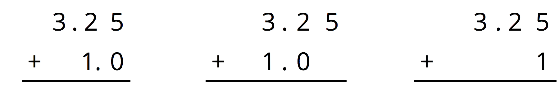 3 vertical calculations of 3 point 2 5 plus 1.