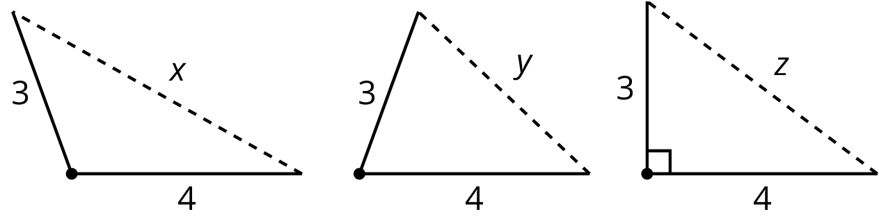 A figure of three triangles each with 2 given side lengths and one unknown side length.