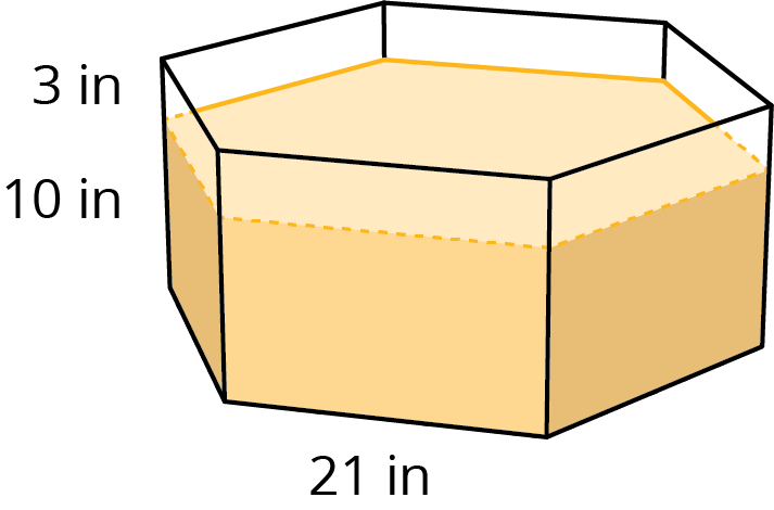 A tank with a regular hexagon for the base, each side 21 inches. The tank is filled with 10 inches of sand, and there are 3 inches of tank left above the level of the sand.