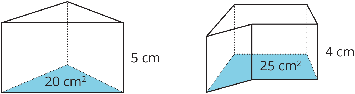 Two prisms. First prism has a triangular base with area 20 centimeters squared, and height 5 centimeters. Second prism has an irregular base with area 25 centimeters squared, and height 4 centimeters.