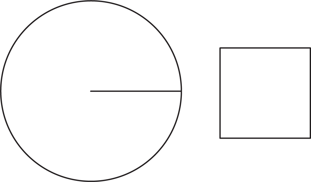 Circle with radius drawn. Square ro the right. Radius of circle = side length of square.
