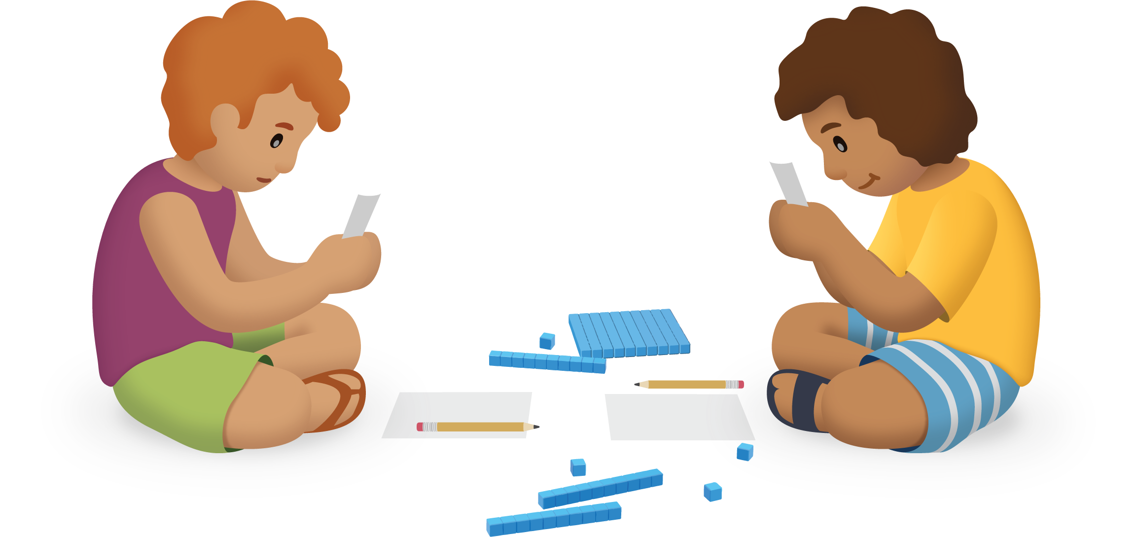 Students playing card game with base ten blocks.