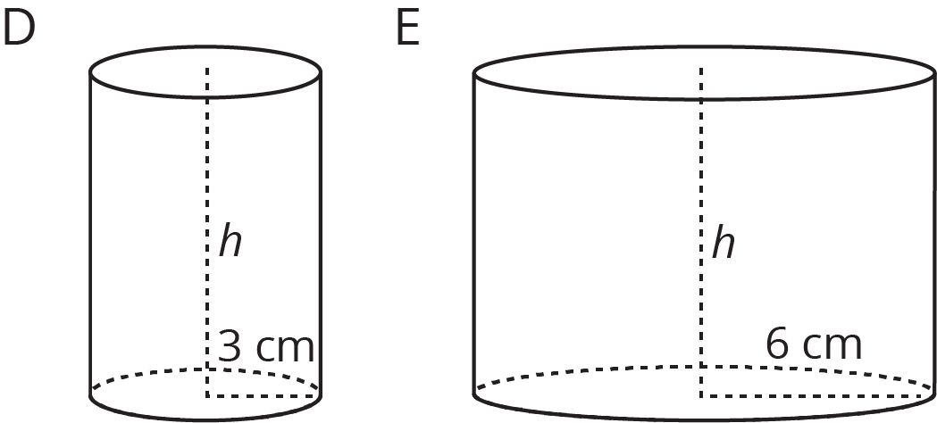 Two cylinders. Cylinder D, height, h, radius 3 centimeters. Cylinder E, height, h, radius, 6 centimeters.