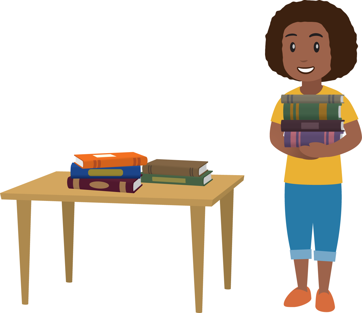 Table with books. Student carrying books.