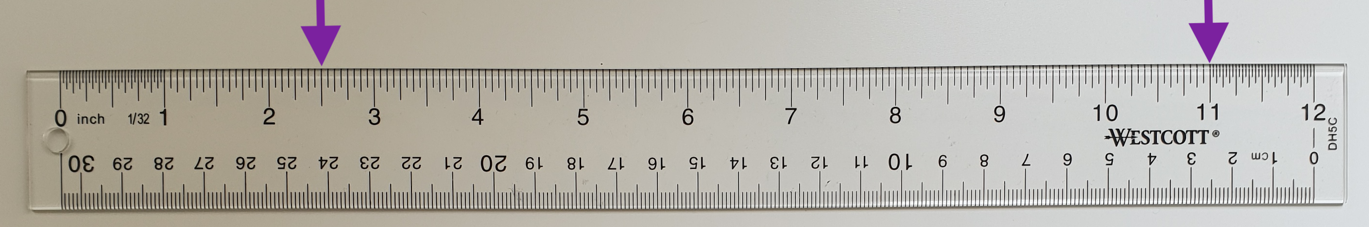 Image of ruler. Arrow at 2 point 5 inches and 11 inches.