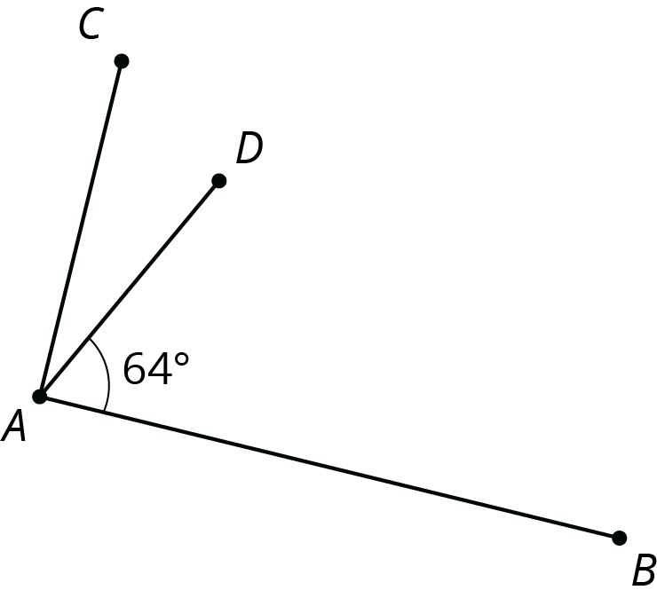 Angle C, A, B is shown. segment D A, lies in the interior of angle C, A, B. Angle D, A, B, is labeled 64 degrees.