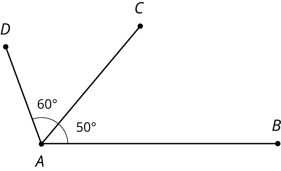 Segment C A meets angle D A B at point A. Angle D A C has measure 60 degrees, Angle C A B has angle 50 degrees.