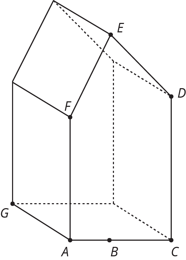 An irregular pentagonal prism with base A, F, E, D, C. Segment A, G indicates the height of the prism. Point B lies between A and C.