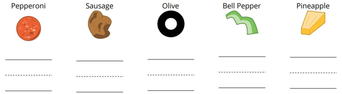 Pepperoni. Sausage. Olive. Bell Pepper. Pineapple. Handwriting lines.