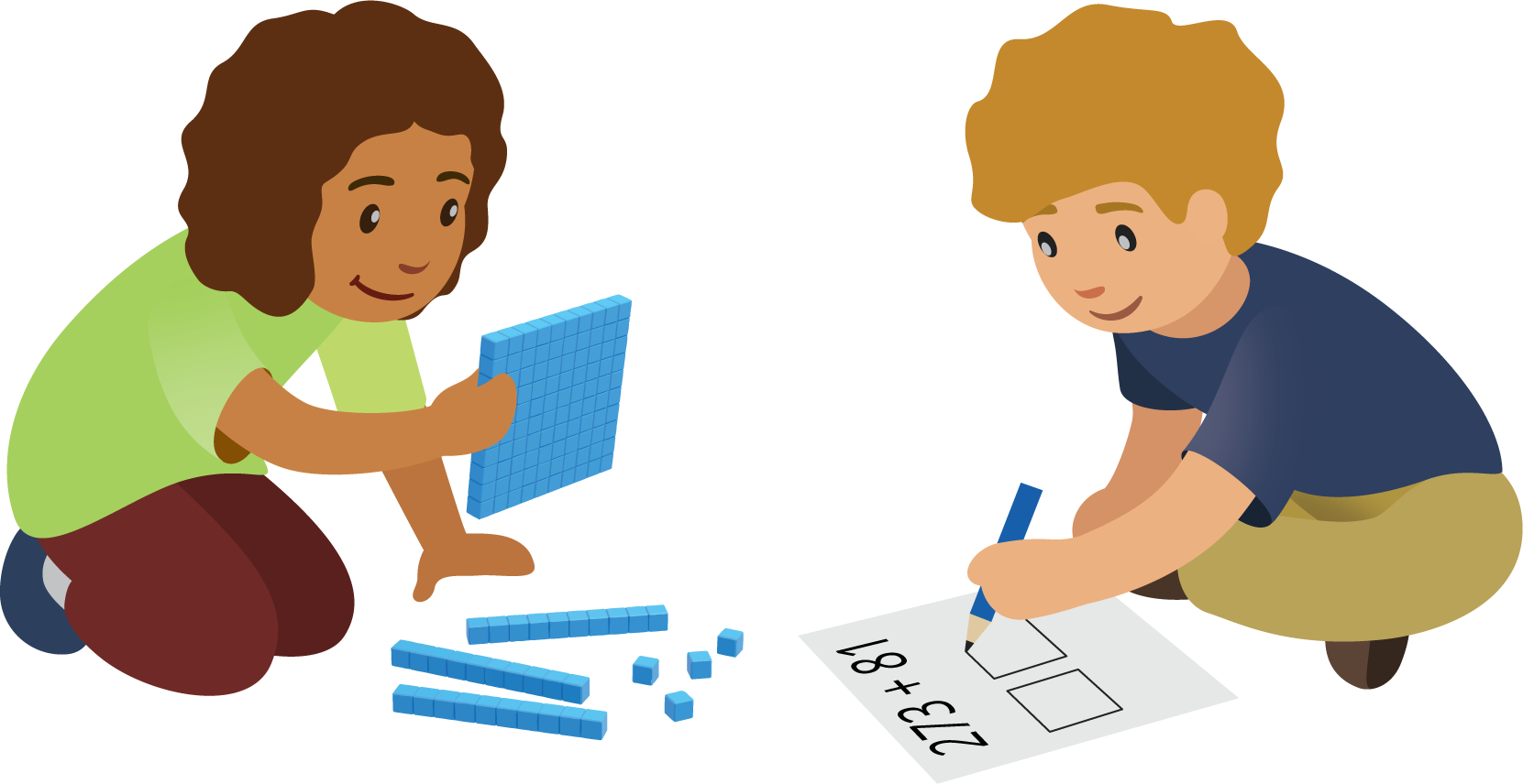 Two students. One working with base ten blocks, the other writing 273 plus 81.