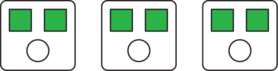 A discrete diagram of 6 squares and 3 circles organized into 3 equal groups of 2 squares and 1 circle each.