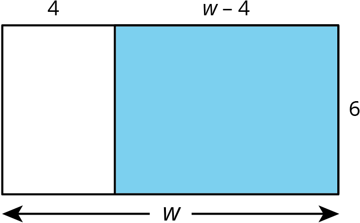 A rectangle with height of 6 and total width of w is partitioned into two smaller rectangles. Area of one rectangle is shaded blue.