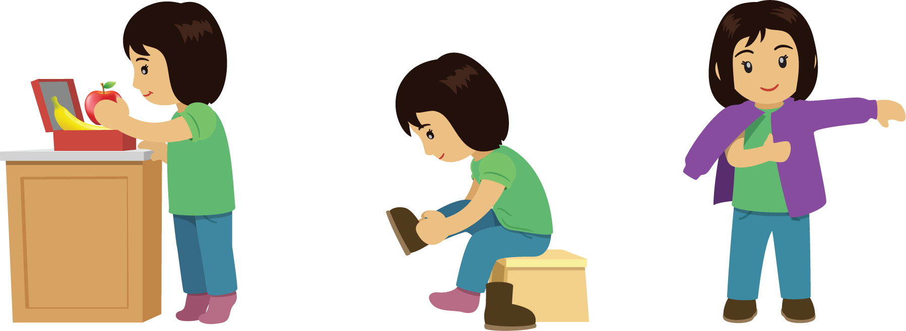 image of a student packing lunch, putting shoes and coat on.