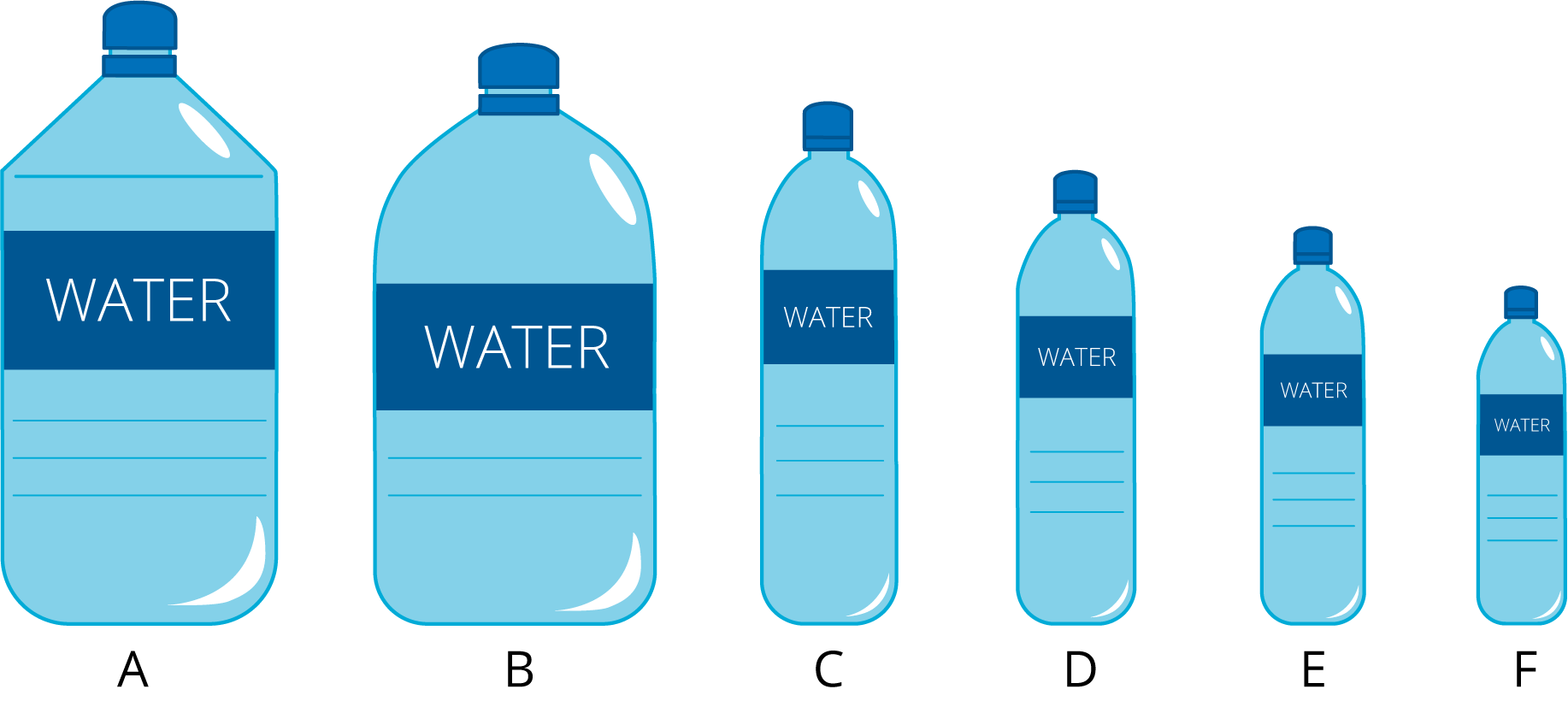 image of 6 water bottles of different sizes in decreasing order, labeled A to F. Bottle labeled A is the largest and bottle labeled F is the smallest.