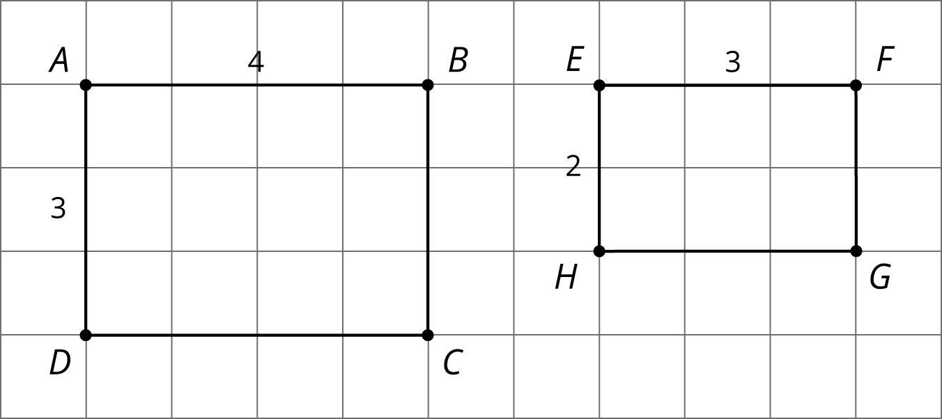 Two rectangles on a grid. First A, B C D. A, B measures 4, and A, D measures 3. E F G H, E F measures 3, E H measures 2.