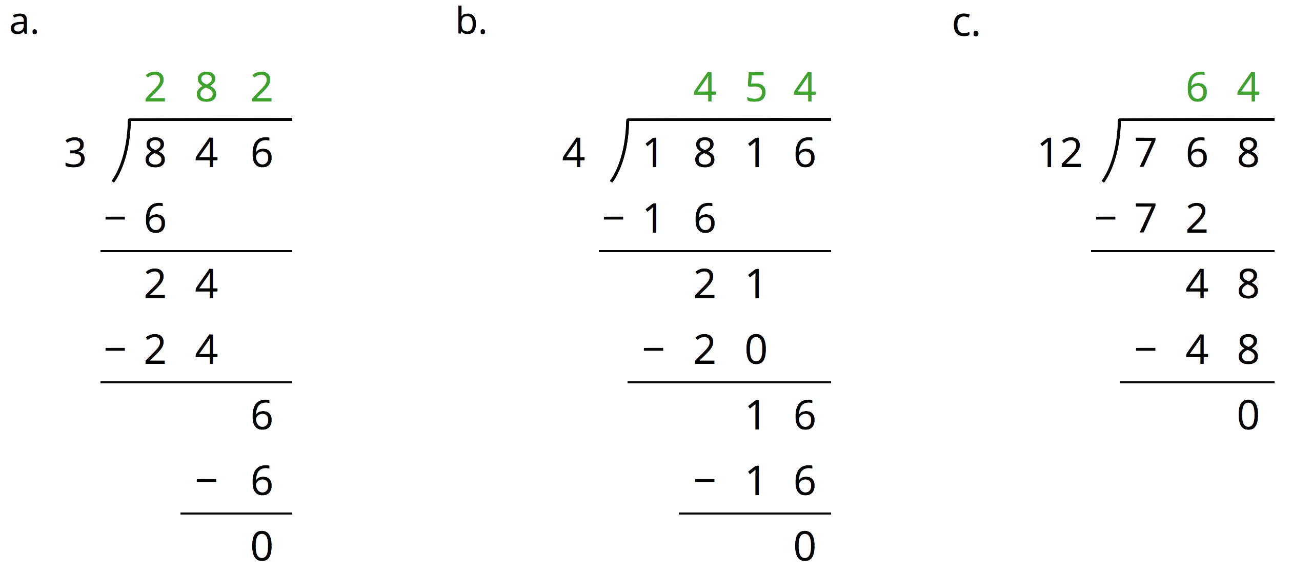 Three long division problems.