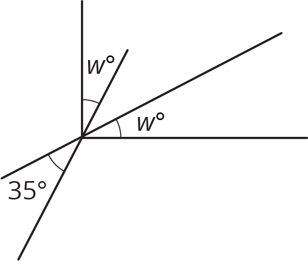 A right angle is split into three angles, w degrees, blank, w degrees. A 35 degree angle is formed by two rays outside the right angle and is vertical to the blank angle.