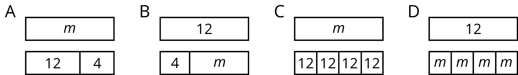 Four tape diagrams labeled A, B, C, and D.