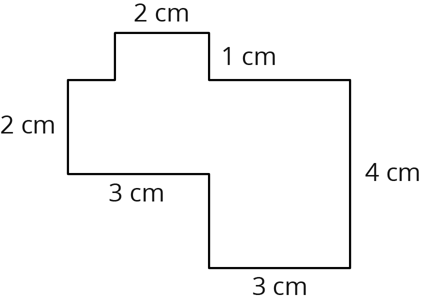 A polygon. Side lengths starting at the top and moving clockwise, 2 cm, unknown, 1 cm, 4 cm, 3 cm, unknown, 3 cm, 2 cm, unknown, unknown.
