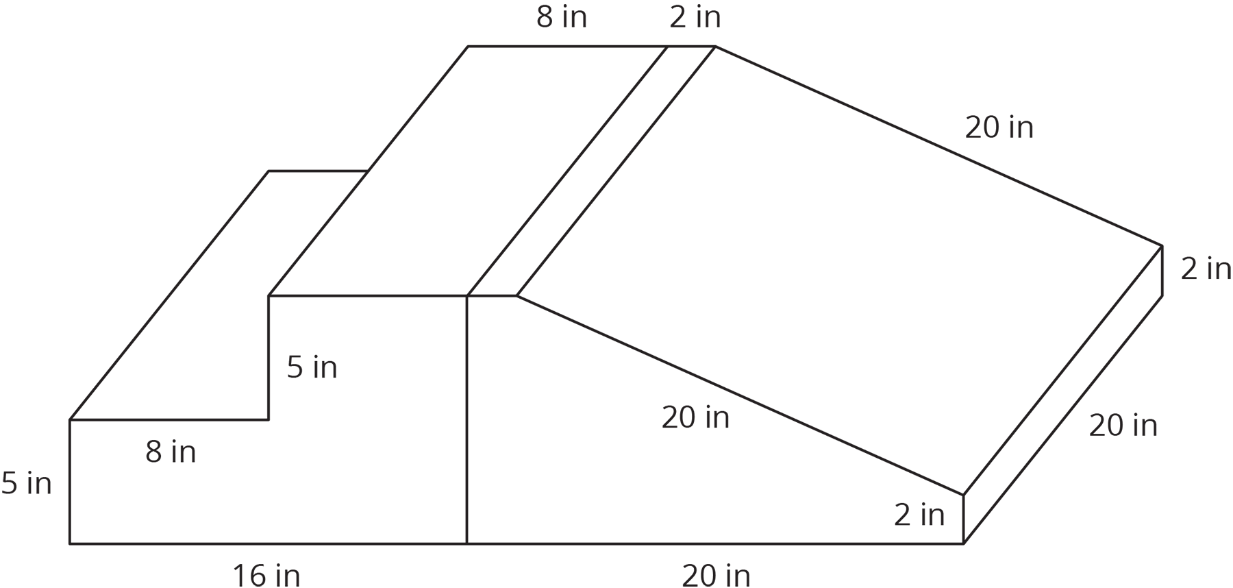 The same foam play structure from the previous problem, but this time a line slices the prism into 2 pieces.