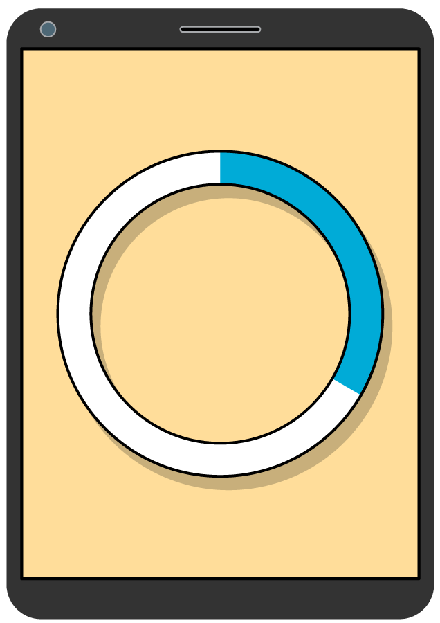 Drawing of tablet device. Large white circle with blue shading partially filled in.