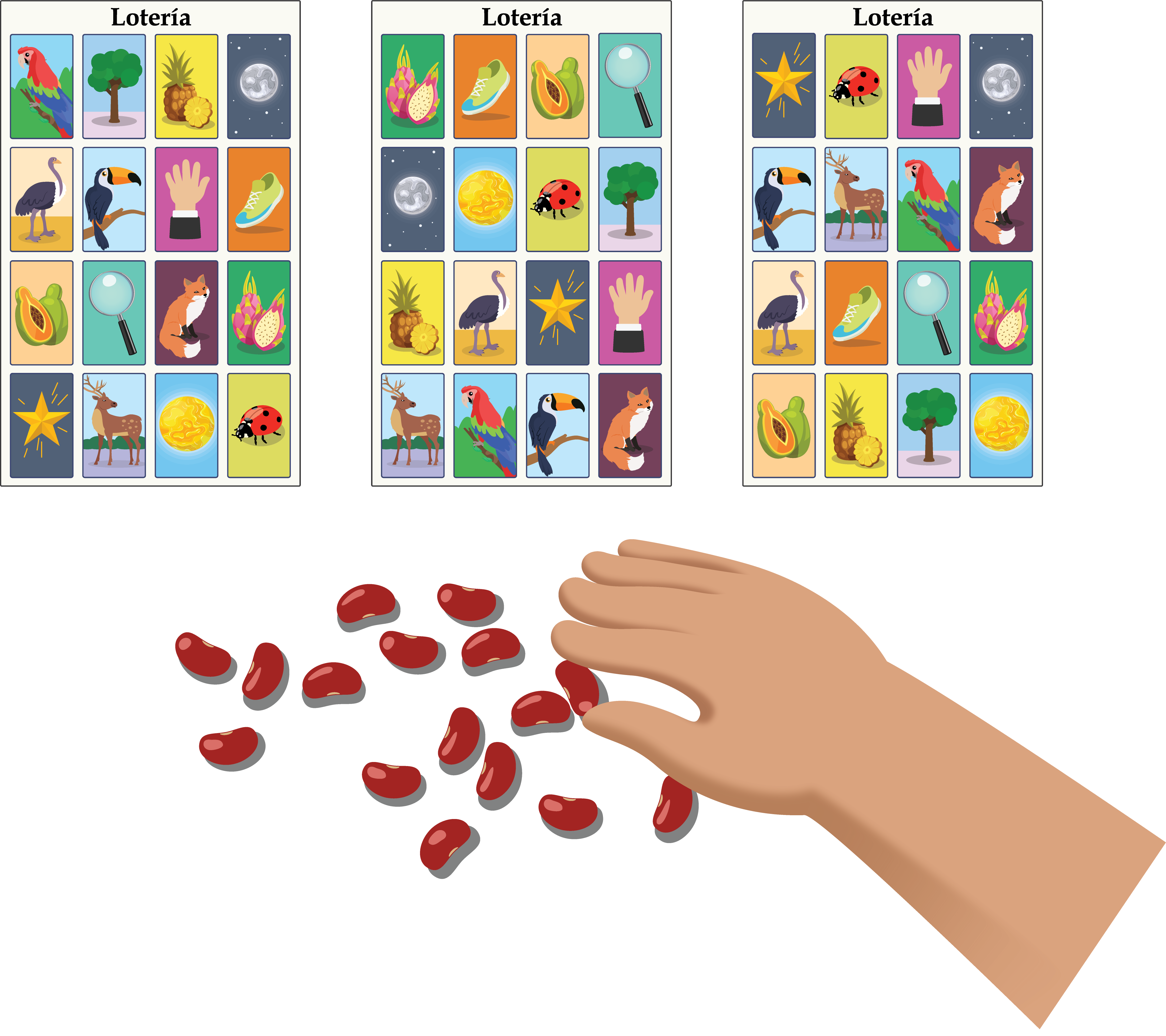 3 loteria boards and beans