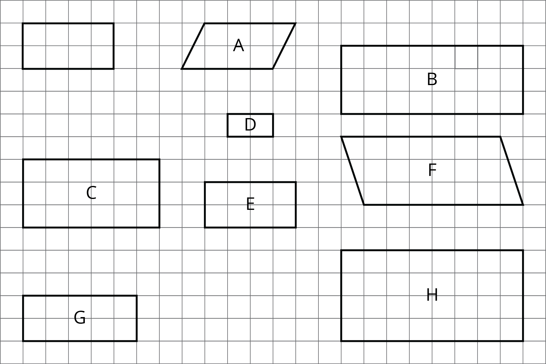 A rectangle. 8 other quadrilaterals labeled A,B,C,D,E,F,G,H.