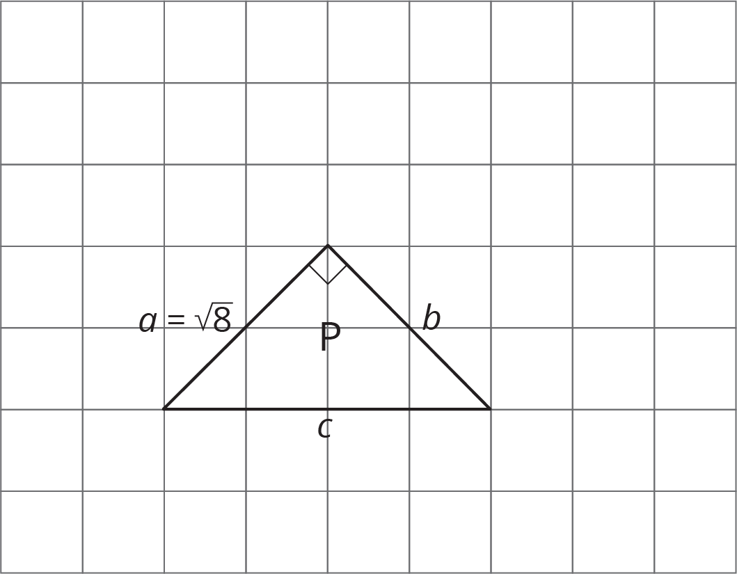 Right triangle, P. a = square root 8, b. hypotenuse = c.