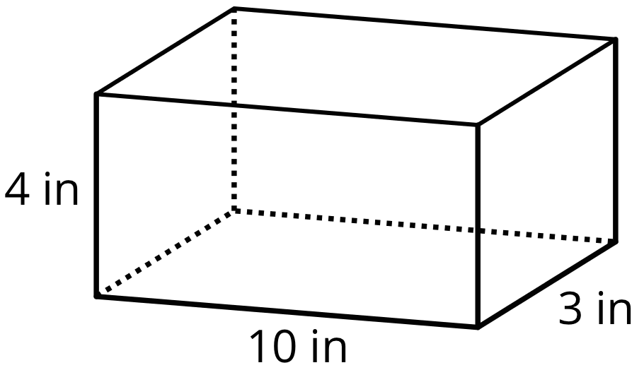 A rectangular prism represents a box. Horizontal edge, 10 inches. Vertical edge, 4 inches. Bottom, right edge, 3 inches.