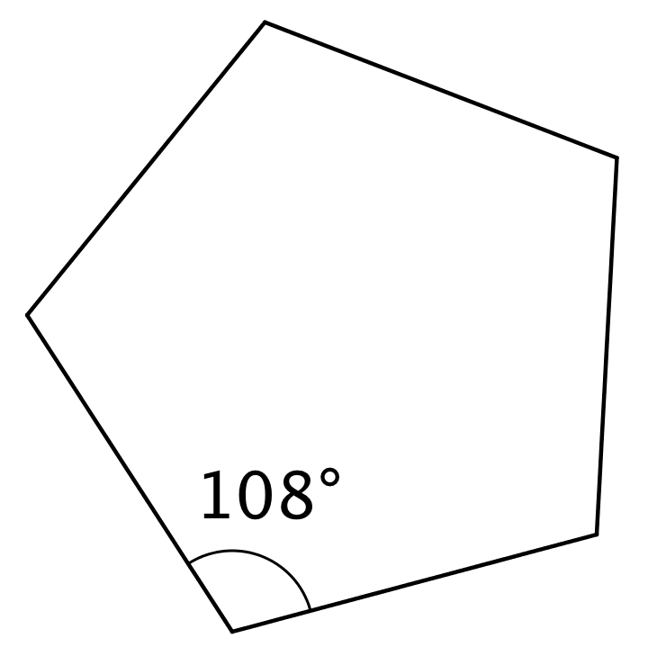 A regular pentagon, one angle labeled 108 degrees.