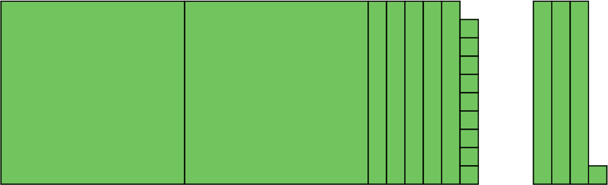 Green base 10 pieces. On the left: 2 large squares, 5 rectangles, 9 small squares. On the right: 3 rectangles, 1 small square.