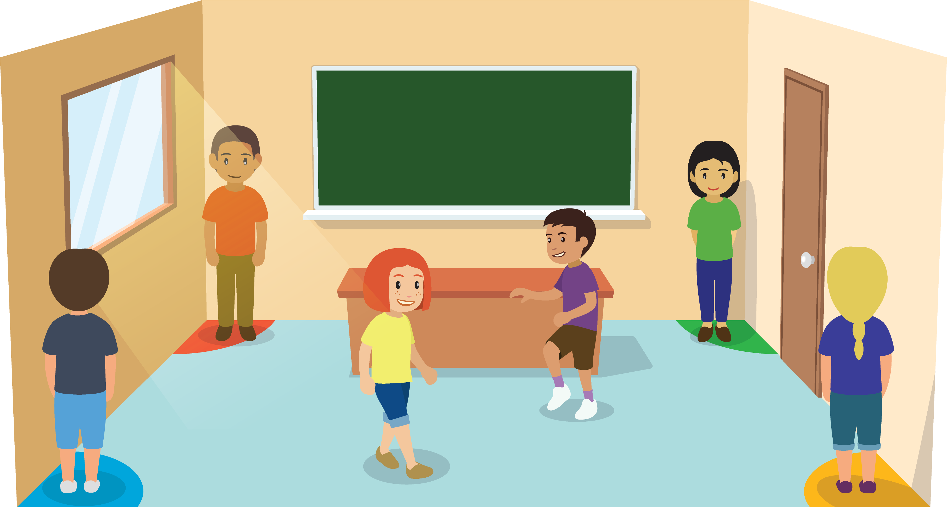 Students standing in the 4 corners of a classroom.