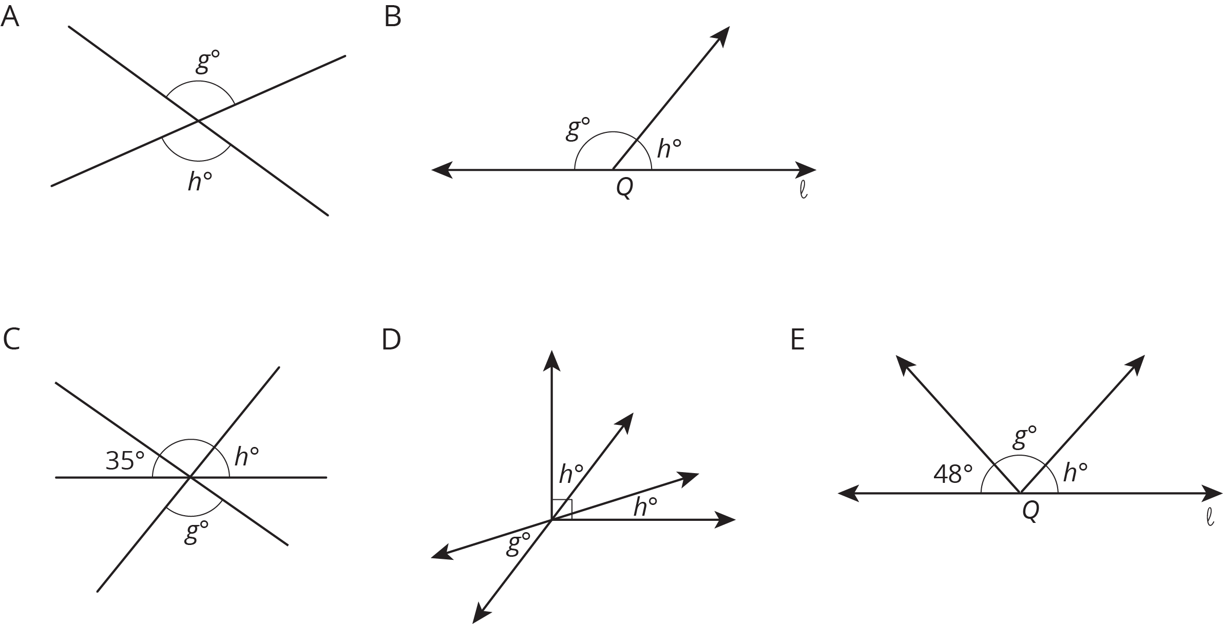 Five sets of intersecting lines and rays.